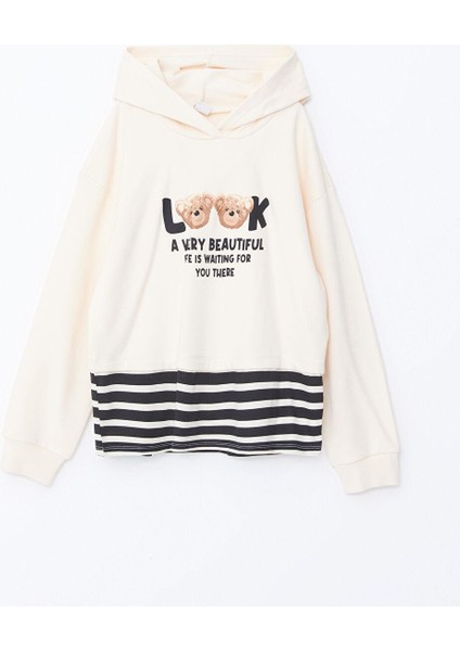 Kapüşonlu Baskılı Uzun Kollu Kız Çocuk Crop Sweatshirt