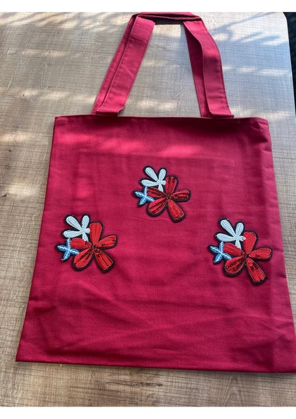 Pul Payet Çiçek Aplikeli Kırmızı Omuz Çantası Bez 42X40 Cm