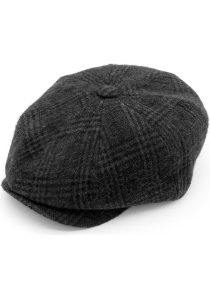 Erkek Ekose Desenli Antrasit Yün İtalyan Kasket Şapka