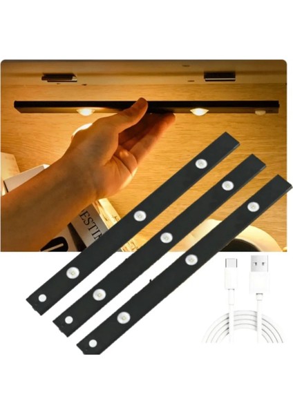 3 Adet 40 cm Harekete Duyarl,ı Sensörlü, Sensözsüz Kullanılabilir, USB Şarjlı, Dim Edilebilir Taşınabilir Mutfak Dolap, Gece Lambası