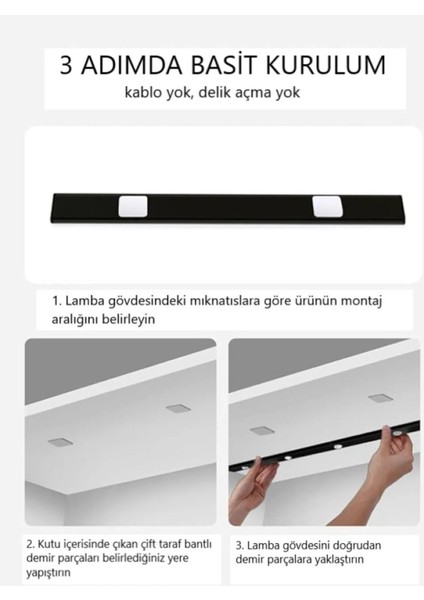 3 Adet 40 cm Harekete Duyarl,ı Sensörlü, Sensözsüz Kullanılabilir, USB Şarjlı, Dim Edilebilir Taşınabilir Mutfak Dolap, Gece Lambası