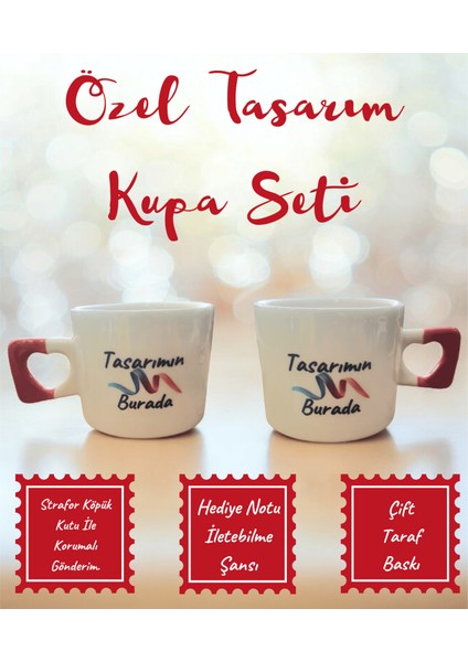 Ikili Özel Tasarım El Yapımı Kalp Kupa Mug - Çay Kahve Fincanı Seti