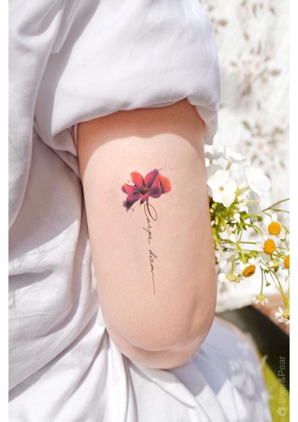 Çiçek ve Yazılı Minimal Geçici Dövme Carpe Diem Tattoo
