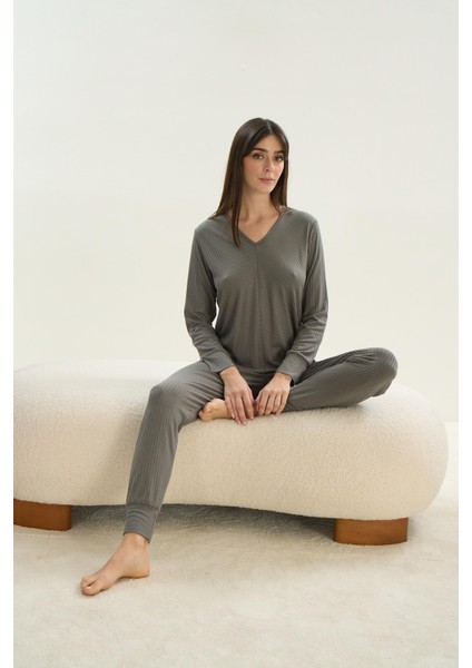 Kadın Uzun Kol Kaşkorse Haki Pijama Takım C8T7N1O61 fiyatları