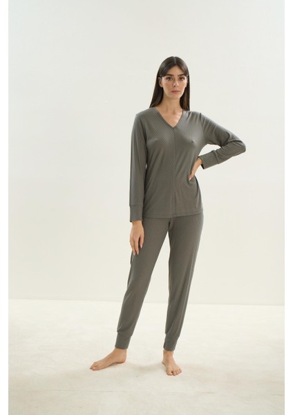 Kadın Uzun Kol Kaşkorse Haki Pijama Takım C8T7N1O61 modelleri