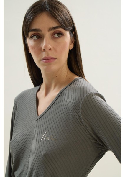 Kadın Uzun Kol Kaşkorse Haki Pijama Takım C8T7N1O61 fırsatları