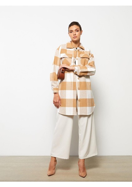 Ekru Ekoseli Önden Düğme Kapamalı Ekose Uzun Kollu Gabardin Kadın Gömlek Ceket