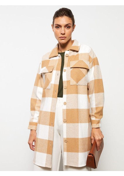 Ekru Ekoseli Önden Düğme Kapamalı Ekose Uzun Kollu Gabardin Kadın Gömlek Ceket fiyatları