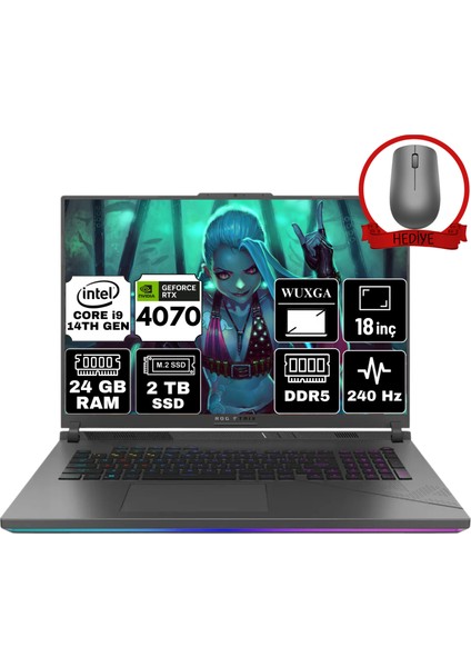 Rog Strix G18 Intel Core I9 14900HX 24GB 2tb SSD RTX4070/8GB W11P 18'' 240Hz Wqxga Taşınabilir Bilgisayar G814JIR-A75 & Anzar Mouse