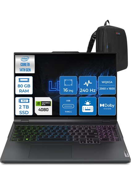 Legion Pro 7 I9-14900HX 80GB 1tb + 1tb SSD 12GB/RTX4080/175W 16" 240Hz 500NITS Hdr Wqxga Freedos Taşınabilir Bilgisayar L83DE002WTR17 + Zettaçanta