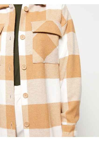 Ekru Ekoseli Önden Düğme Kapamalı Ekose Uzun Kollu Gabardin Kadın Gömlek Ceket fırsatları