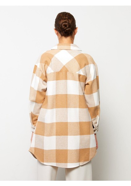 Ekru Ekoseli Önden Düğme Kapamalı Ekose Uzun Kollu Gabardin Kadın Gömlek Ceket indirimleri