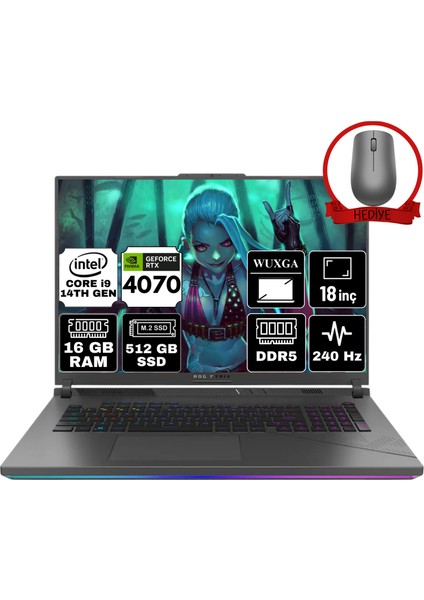 Rog Strix G18 Intel Core I9 14900HX 16GB 512GB SSD RTX4070/8GB W11H 18'' 240Hz Wqxga Taşınabilir Bilgisayar G814JIR-A37 & Anzar Mouse