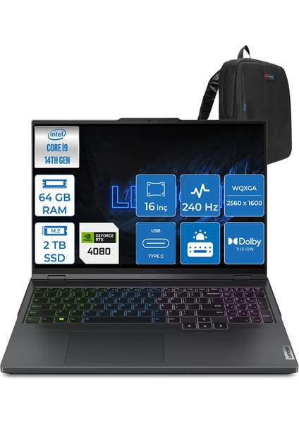 Legion Pro 7 I9-14900HX 64GB 1tb + 1tb SSD 12GB/RTX4080/175W 16" 240Hz 500NITS Hdr Wqxga WIN11PRO Taşınabilir Bilgisayar L83DE002WTRWP12 + Zettaçanta