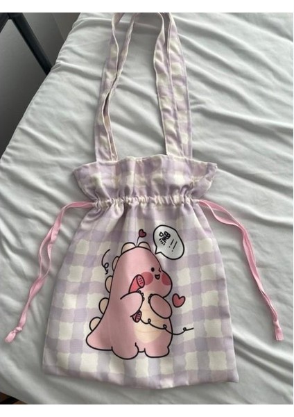 Kawaii Pink Dino Büzgülü Bez Çanta