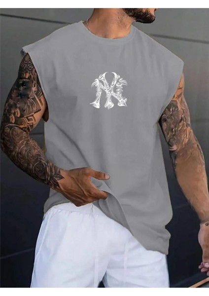 Erkek Duman Gri Ny Baskılı Oversize Kolsuz T-Shirt