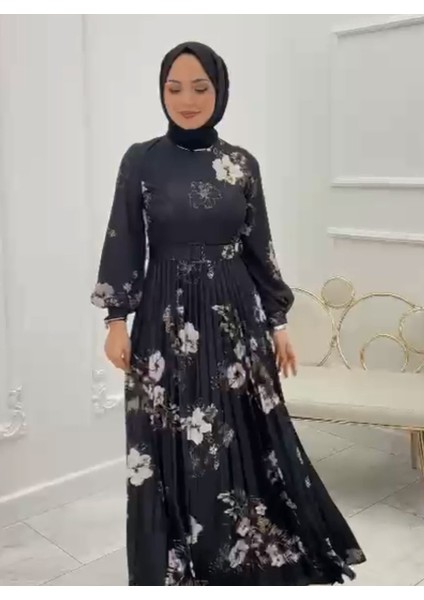 Desenli Likrali Saten Tesettür Sıyah Elbise