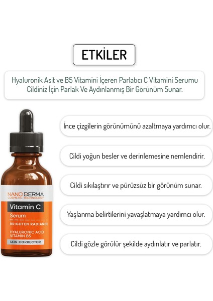 C Vitamin Serumu Parlatıcı Aydınlatıcı Hyaluronik Asit Vitamin B5 Serum Brighten Radiance Serum 30 ml