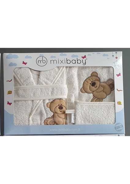 Mixi Baby 3 Parça Bebek Bornoz Seti Beyaz Kahverengi Ayıcıklı