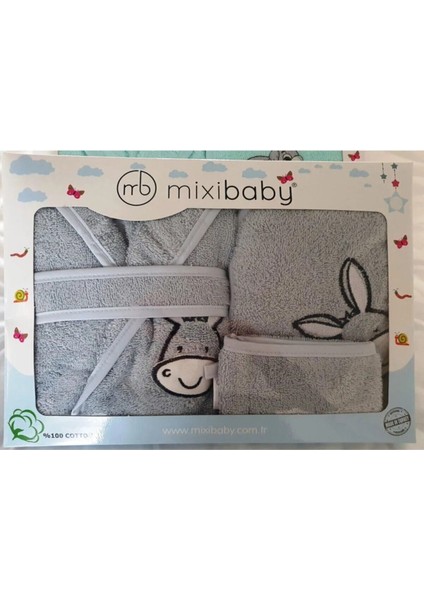 Mixi Baby Gri Renk 3 Parça Bebek Bornoz Seti - Tavşan Nakışlı