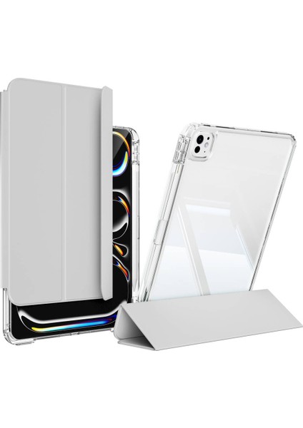 Apple iPad Pro 12.9 4.nesil 2020 Magnetik Ayrılabilen Arkası Şeffaf Silikon Airbagli Sliding Tablet Kılıfı - Manyetik Şarj Destekli