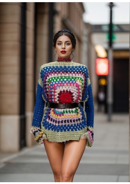 Hippybutik Mavi/çok Renkli Mandala Model Tığ Işi Kazak
