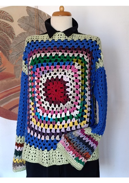 Hippybutik Mavi/çok Renkli Mandala Model Tığ Işi Kazak fiyatları