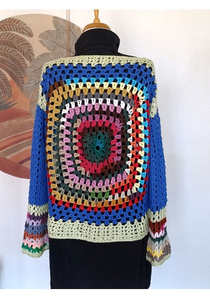 Hippybutik Mavi/çok Renkli Mandala Model Tığ Işi Kazak modelleri