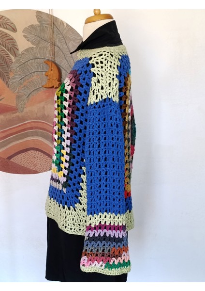 Hippybutik Mavi/çok Renkli Mandala Model Tığ Işi Kazak indirimleri