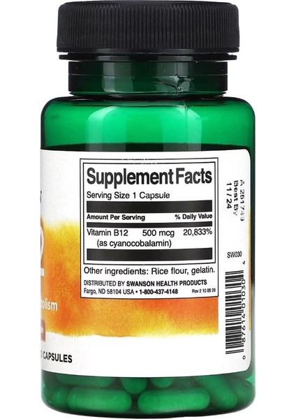 Vitamin B12 500 Mcg Cyanocobalamin 100 Kapsül fiyatları
