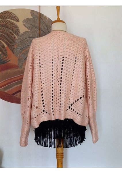 Oversize Bomber Model Pudra Pembe Yün Ipten El Örgüsü Ceket / Hırka