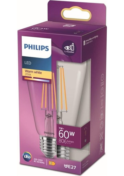 LED Classic 60W ST64 Filament Ampul, 2700K Sarı Işık, E27 Normal Duy, Dim Edilmez