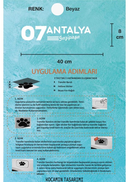 Antalya 07 Plaka Kodlu Beyaz Araç Sticker Gazipaşa Ilçe Yazılı Özel Tasarım 40X8 cm Şehir ve Ilçe Temalı Kaliteli Sticker