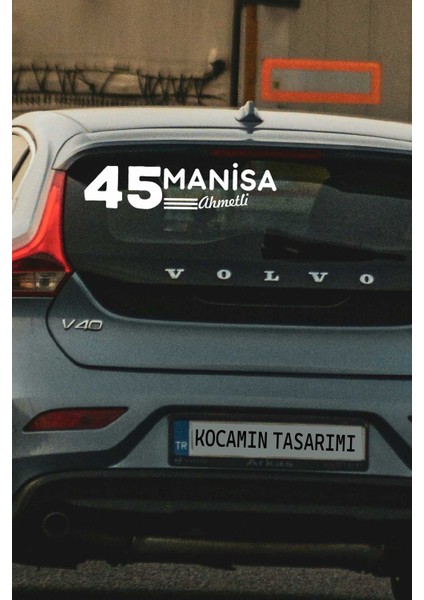 Manisa 45 Plaka Kodlu Beyaz Araç Sticker Ahmetli Ilçe Yazılı Özel Tasarım 40X8 cm Şehir ve Ilçe Temalı Kaliteli Sticker