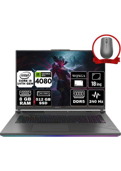 Rog Strıx G18 Intel Core I9-14900HX 8gb 512GB SSD RTX4080/12GB 18" Wqxga 240Hz W11H Taşınabilir Bilgisayar G814JZR-N6089-A33 & Anzar Mouse