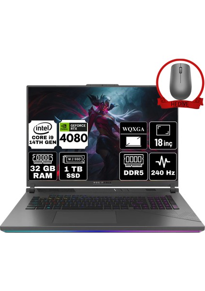 Rog Strıx G18 Intel Core I9-14900HX 32GB 1tb SSD RTX4080/12GB 18" Wqxga 240Hz Freedos Taşınabilir Bilgisayar G814JZR-N6089-A14 & Anzar Mouse