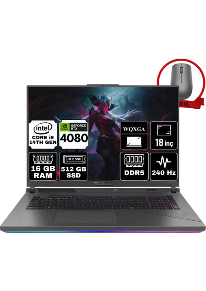 Rog Strıx G18 Intel Core I9-14900HX 16GB 512GB SSD RTX4080/12GB 18" Wqxga 240Hz W11P Taşınabilir Bilgisayar G814JZR-N6089-A69 & Anzar Mouse