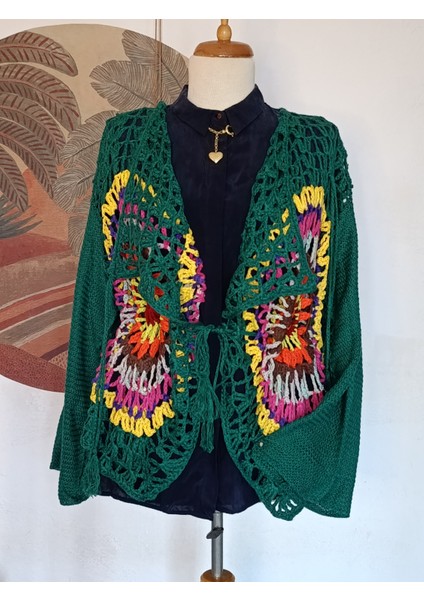 Hippybutik Yeşil Mandala El Örgüsü Tasarım Hırka