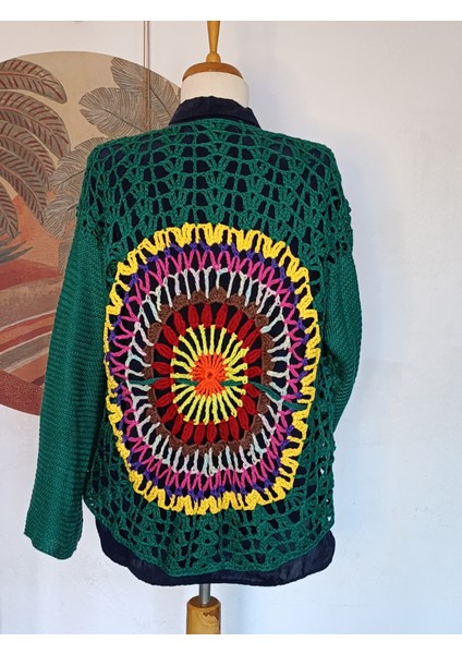 Hippybutik Yeşil Mandala El Örgüsü Tasarım Hırka