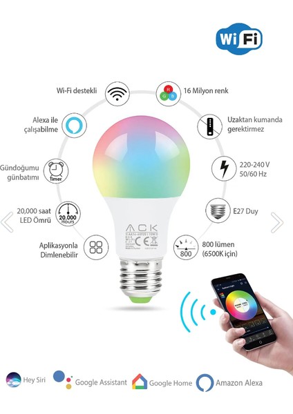 10W Wi- Fi Rgb LED Ampul E27 Duylu Uygulama Kontrollü Dim Edilebilir