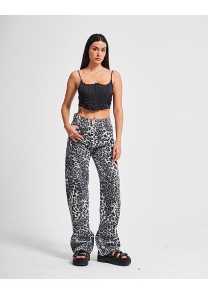 Siyah Beyaz Leopar Loose Fit Straight Denim Pantolon