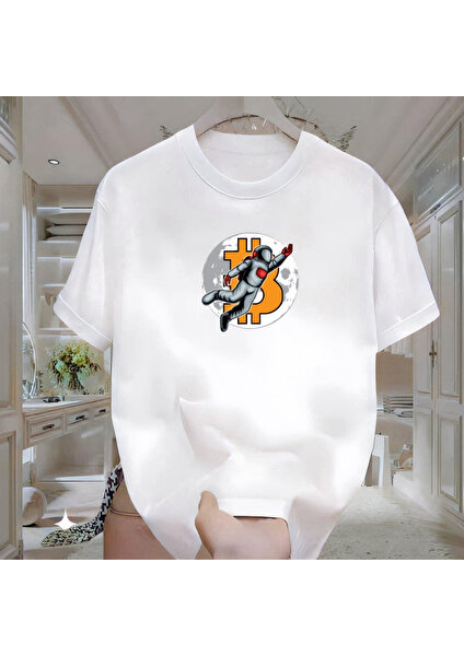 Astronot Btc Baskılı Beyaz Tshirt