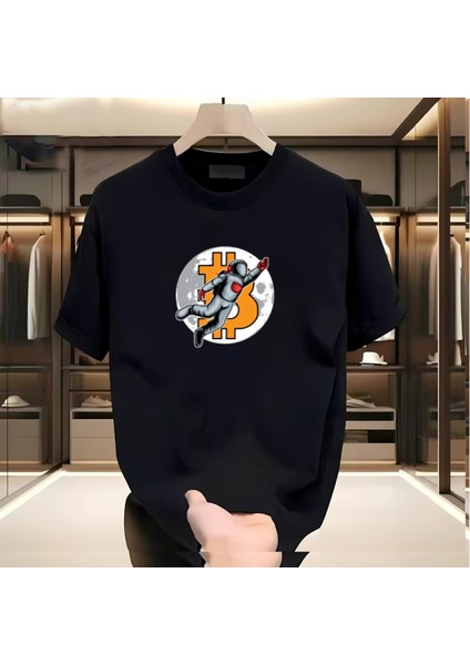 Astronot Btc Baskılı Siyah Tshirt