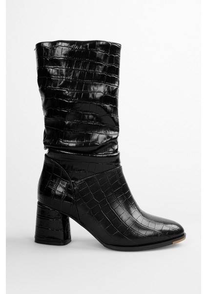 Kadın Nollie Siyah Kroko Topuklu Körüklü Bot