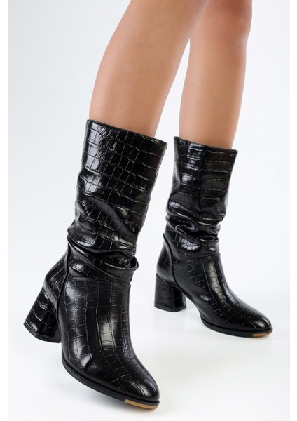 Kadın Nollie Siyah Kroko Topuklu Körüklü Bot fiyatları