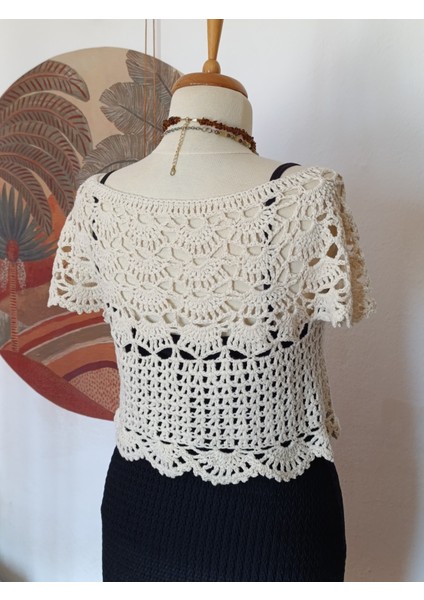 Hippybutik Kadın Kemik Koton Ip Tığ Dokuma Dantel El Işi Tasarım Crop Bluz