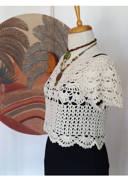 Hippybutik Kadın Kemik Koton Ip Tığ Dokuma Dantel El Işi Tasarım Crop Bluz