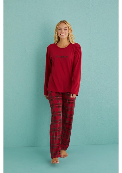 50902-47 Kadın Inspire Milan Kumaş Uzun Kol Ekoseli Pijama Takım modelleri