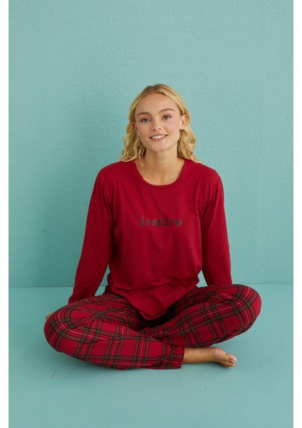 50902-47 Kadın Inspire Milan Kumaş Uzun Kol Ekoseli Pijama Takım fırsatları