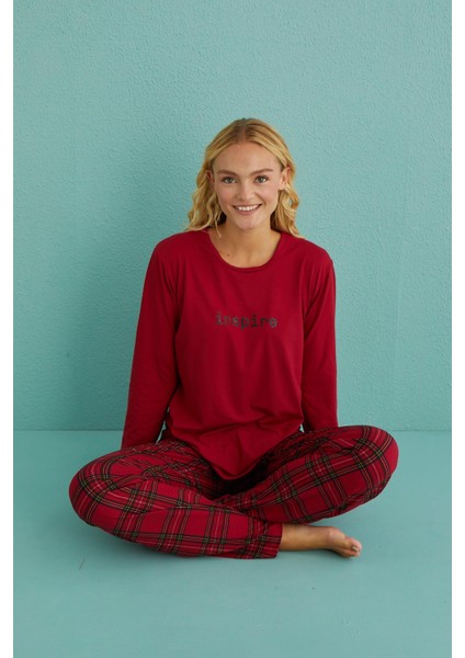 50902-47 Kadın Inspire Milan Kumaş Uzun Kol Ekoseli Pijama Takım indirimleri